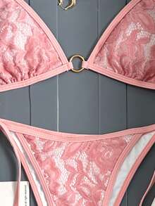 女士性感蕾丝露背系带挂脖比基尼套装，海滩度假风 - 粉色 - 查看 4