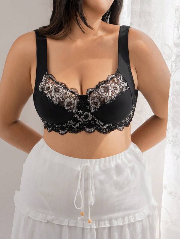DesireSculpt Elegant & Fashionable Lace Patchwork, Bow Decor, Adjustable Wide Straps, Underwire Plus Size Women Bra