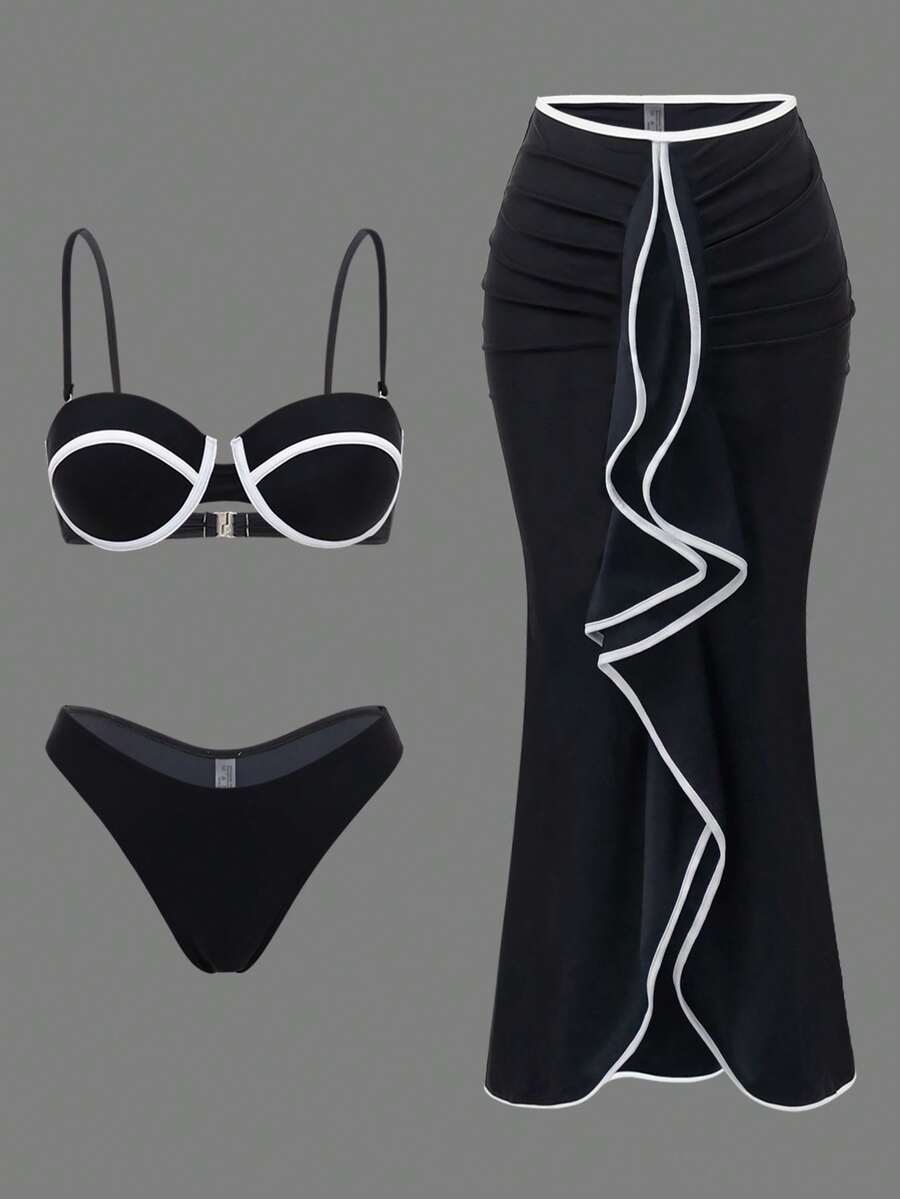 Swim Oasis 女士撞色钢圈吊带坦克背心式泳衣三件套 - 黑與白 - 查看 1