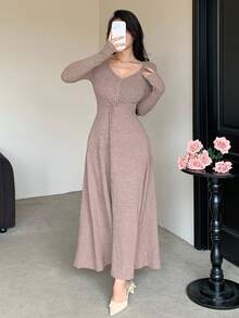 DAZY 女士优雅纯色V领扭结中长连衣裙，秋季吊带裙 - 淺粉色 - 查看 5