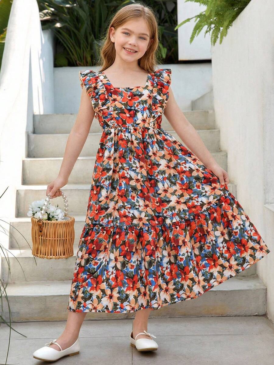 SHEIN 少女碎花荷叶边领休闲连衣裙 - 彩色 - 查看 1