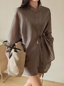 Dazy-Less 女士休闲系带前开襟衬衫和短裤两件套，秋季款 - 灰色 - 查看 1