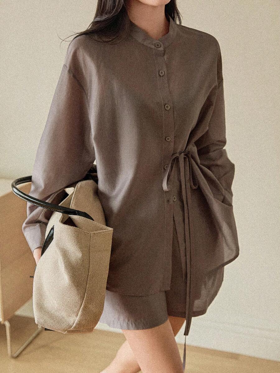 Dazy-Less 女士休闲系带前开襟衬衫和短裤两件套，秋季款 - 灰色 - 查看 1