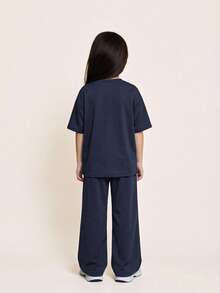 SHEIN Setelan Kaos dan Celana Panjang Lengan Pendek Leher Bulat Bahu Jatuh Kasual Longgar Minimalis Nyaman untuk Anak Perempuan, Anak-anak - Navy Blue - View 2