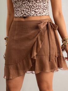 Freevana Chân váy xếp ly buộc dây màu trơn cỡ lớn kiểu dáng thường ngày - Cà phê nâu - Xem 5