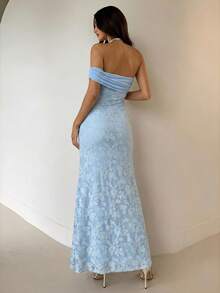 Aloruh 女士优雅露肩修身连衣裙，性感高开衩浪漫镂空蕾丝连衣裙，波西米亚风蓝色连衣裙，适合日常约会、度假、下午茶、夏季穿着 - 藍色 - 查看 2