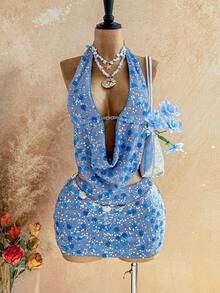 Soleia 两件套亮片流苏吊带上衣和迷你裙套装，适合音乐节、派对、中国红、年会、圣诞节、万圣节等场合。 - 藍色 - 查看 9