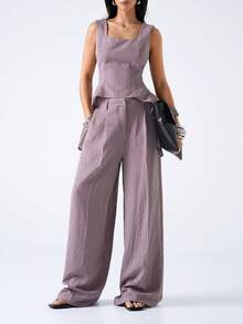 LYSMO 2026 New Arrive Minimalism Spring/Summer Women's Striped Square Neck Collar Vest And Wide Leg Pants Casual Suit Set - Burgundy - View 1