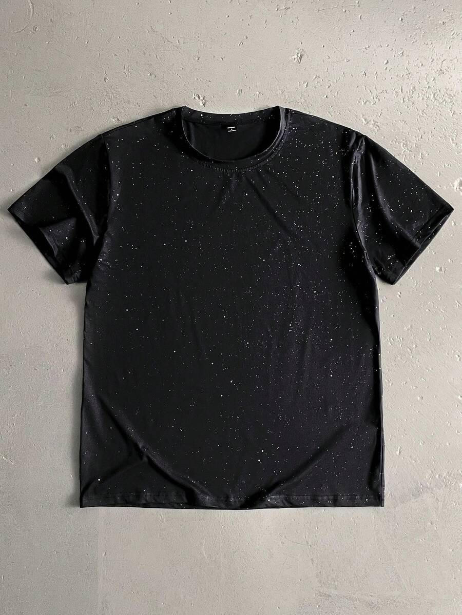 StoneGrade Back To School Clothes Boys Men Men's Iron-On T-Shirt With Shiny Lettering Print And Glitter Details. Black Crew Neck Shirt Men's Black Foil Round Neck Casual Short Sleeve T-Shirt For Summer - Black - View 1