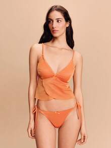 lacRébo Orange Glitter Bikini Set With Crop Top And Tie-Side Bottoms Spring-Summer Style Boho Vacation Swimwear Spring Summer Holiday Swimsuit Beach Outfit Orange Two Piece Set Orange Swimsuit Women Orange Bikini - Orange - View 5