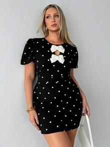 Auralis 新款春夏黑白波点修身收腰大码迷你连衣裙,蝴蝶袖,圆领,蝴蝶结,镂空设计,适合演出、约会、正式派对、婚礼、情人节、聚会、性感、通勤、优雅浪漫、OL风、美人鱼风、生日派对、教师制服、复古学院风等场合。 - 黑與白 - 查看 7