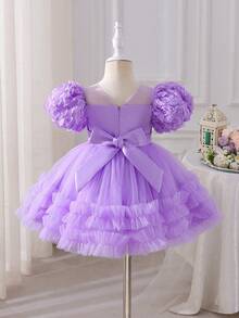 Glamorique Kids Glamorique 四季女婴花童派对礼服，C字甜美连衣裙，薰衣草花簇蓬松薄纱裙摆，雾紫色花簇多层薄纱连衣裙，甜美紫色公主裙，紫色花朵装饰泡泡袖，复活节公主裙，女婴派对礼服，薰衣草色女婴连衣裙，女婴连衣裙，公主裙，幼儿连衣裙，女婴派对礼服，女婴派对礼服，女婴婚礼礼服 - 紫色 - 查看 2