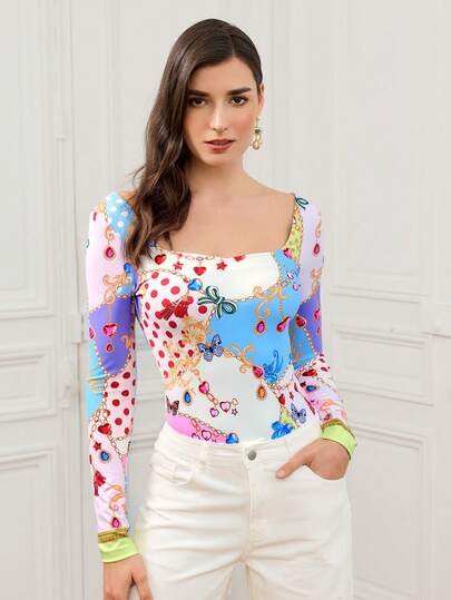 LOTSLUV Women's Spring/Summer Vacation Pastel Color, Baroque Style Accessories Heart Print, Fitted Long Sleeve Bodysuit, Colorful Long Sleeve Top, Square Neck Blouse, Women Long Sleeve Top, Colorful Bodysuit For Women, Pattern Bodysuit, Spring Long Sleeve Bodysuit, Women's Spring Bodysuit, Square Neck Bodysuit For Women, Summer Long Sleeve Bodysuit
