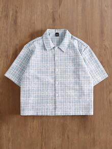 TOKVUE 纹理印花格子面料，日常街头服饰，春夏皆宜，夏季上衣，夏季穿搭，假日穿搭，度假穿搭，校园穿搭，年轻休闲纱线染色格子衬衫，带有纹理刺绣印花，营领短款短袖纽扣衬衫，轻盈透气梭织面料，宽松版型，浅蓝色和白色格子男士休闲衬衫，完美契合年轻休闲度假风和学生造型，是送给男友的理想礼物，适合夏季穿着。 - 彩色 - 查看 6