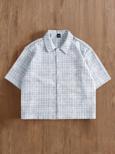 TOKVUE Textured Printed Plaid Fabric, Daily Streetwear, Spring To Summer, Summer Tops, Summer Outfits, Holiday Outfits, Vacation Outfits, Campus Outfits,  Young Casual Yarn-Dyed Plaid With Textured Embroidered-Like Print Camp Collar Cropped Short Sleeve Button Down Shirt, Lightweight Breathable Woven Fabric, Relaxed Oversized Fit, Light Blue & White Plaid Men's Casual Shirt, Perfect For Young Casual Vacation Style & Student Looks, Ideal Gift For Boyfriend, Suitable For Summer.