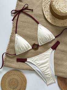 Swim Chiccia 女士优雅挂脖比基尼套装，正面环扣设计，适合海滩度假 - 彩色 - 查看 3