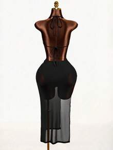 Mistrie Halter Neck Cut-Out Sheer Mesh Bodycon Maxi Dress With Irregular Hardware Accents(Sexy Club Party Outfit) - Black - View 7