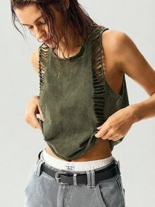 Bohemela Áo tank top dệt kim màu trơn dáng ngắn dành cho nữ - xanh quân đội - Xem 7