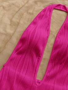 Soleia 女士度假白色针织纹理波浪图案深V领露背性感修身连体裤，适合派对、约会、下午茶、波西米亚风度假、海滩、夏季穿着 - 玫紅色 - 查看 5