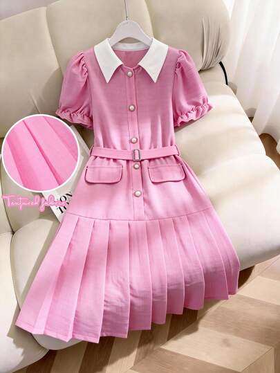 SHEIN ChillGRL Girls Woven Jacquard Dress, Elegant Color Block Polo Collar Petal Sleeve Half-Placket Shirt Dress With Pleated Skirt And Belt, Suitable For Casual Daily Wear In Spring/Summer