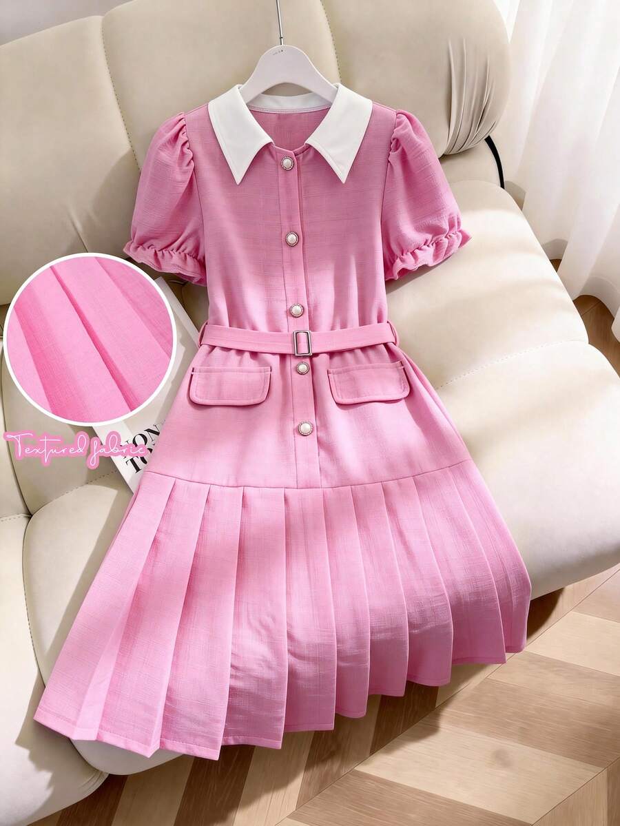 SHEIN ChillGRL 女童提花连衣裙,优雅撞色 Polo 领花瓣袖半开襟衬衫裙,配褶裥裙摆和腰带,适合春夏日常休闲穿着。 - 粉色 - 查看 1