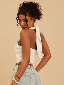 Travachic 女士纯色编织吊带露背吊带衫，春夏款 - 杏色 - 查看 3