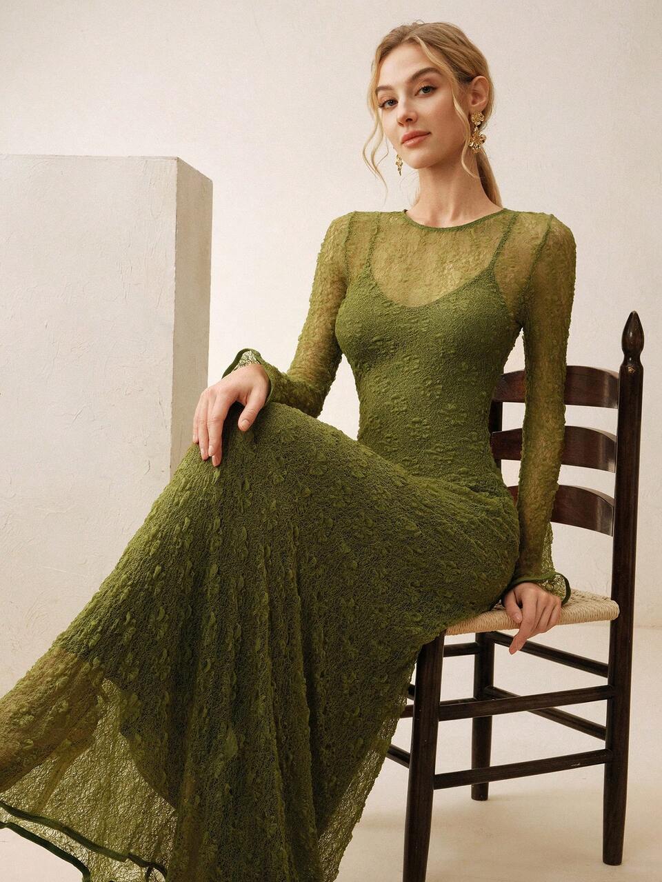 Anewsta Women's Elegant Mature High Stretch Lace Camisole Dress Long Sleeve Long Dress Lace Dress Olive Green Dress Knit Dress Bar Party Date Autumn