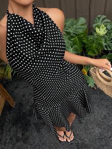 Sunnyshic 女士度假黑白波点垂褶领系带拼接连衣裙 - 黑與白 - 查看 1