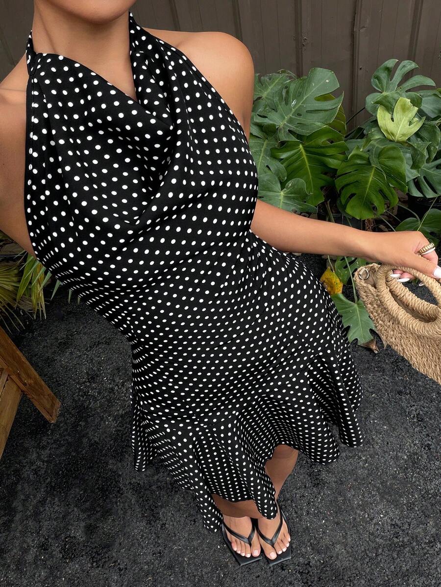 Sunnyshic 女士度假黑白波点垂褶领系带拼接连衣裙 - 黑與白 - 查看 1