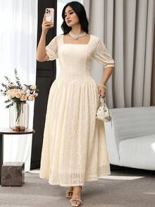 Feyla Plus Size Women's Square Neck Puff Sleeve Elegant Lace Dress - Apricot - View 4