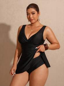 Elaquor Plus Size Women Solid Color Side Slit Hem Swimwear Skirt With Swim Shorts Spring/Summer Casual Vacation Swimwear Sets For Women - Black - View 3