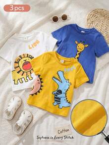 Cozy Pixies 3pcs/Set Baby Boy Cartoon Animal Graphic Soft Knit Crew Neck Short Sleeve Pullover Top Cartoon - Multicolor - View 1