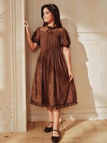 Anewsta 春夏新款蕾丝丝绒蝴蝶结荷叶边花瓣袖女童休闲连衣裙 - 巧克力棕 - 查看 4