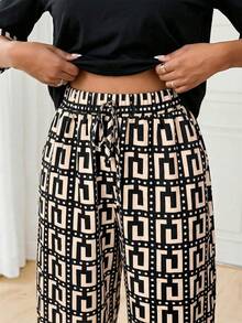 SHEIN Lady 女士时尚通勤全印花上衣和裤子两件套，夏季 - 黑色 - 查看 4