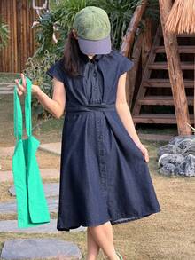 DAZY Vestido vaquero con cuello para niñas, ropa de otoño para niñas preadolescentes - Azul lavado oscuro - Ver 4