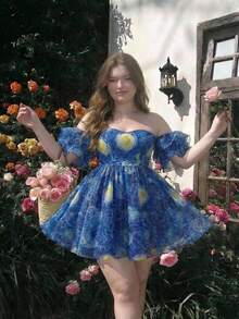 SHEIN MOD Plus Size Red Elegant Short Solid Color Off-Shoulder Ruffle Sleeve, Plus Size Puff Sleeve, Suitable For Party, Christmas, Birthday, Vintage Palace Style, Romantic.Plus Size Blue Cocktail Dress Starry Night Print Artistic Pattern Off Shoulder Sweetheart Neckline Puff Sleeves Layered Chiffon Flowy Silhouette Painterly Texture Lightweight Fabric Vibrant Swirl Design Dreamy Appearance Abstract Style Soft Draping Rich Colors Flared Skirt Creative Vibe Whimsical Charm Eye-Catching Details - Blue - View 1