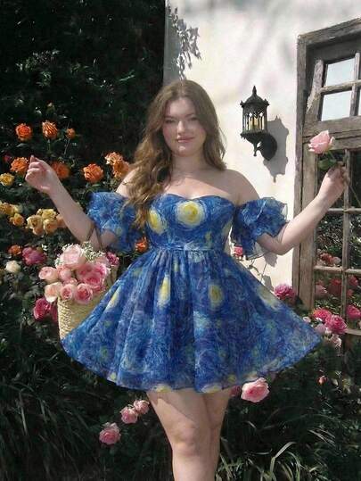 SHEIN MOD Talla grande Rojo Elegante Corto unicolor Fuera del hombro Manga con volantes, Talla grande Manga abullonada, Adecuado para fiesta, Navidad, Cumpleaños, Estilo palaciego vintage, Romántico