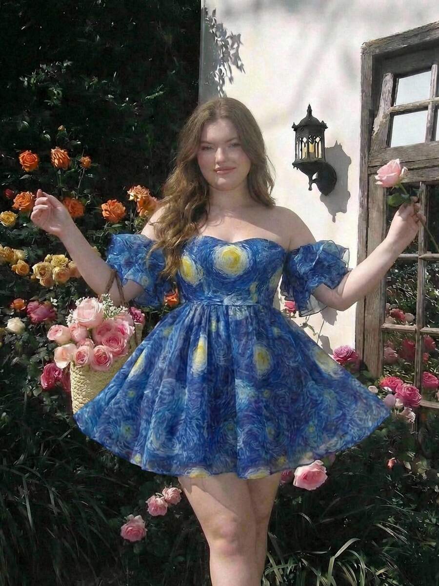 SHEIN MOD Plus Size Red Elegant Short Solid Color Off-Shoulder Ruffle Sleeve, Plus Size Puff Sleeve, Suitable For Party, Christmas, Birthday, Vintage Palace Style, Romantic.Plus Size Blue Cocktail Dress Starry Night Print Artistic Pattern Off Shoulder Sweetheart Neckline Puff Sleeves Layered Chiffon Flowy Silhouette Painterly Texture Lightweight Fabric Vibrant Swirl Design Dreamy Appearance Abstract Style Soft Draping Rich Colors Flared Skirt Creative Vibe Whimsical Charm Eye-Catching Details - Blue - View 1