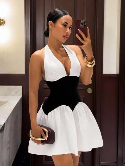 Slaydiva Women's Black And White Color-Blocked Halter Neck Deep V-Neck Short Dress, Birthday Dress.Beach Dress ,Valentine's Day Dress, Dates Dress, Party Dress, Gatherings Dress, Holidays Dress, Concerts Dress, Sexy Clubs, Nightclubs, Everyday Outings, Brunch Outfits, Hot Girl, Vacation Dress.Wedding Guest Outfits,Valentines Day Dress