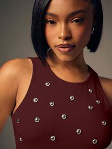Denimoi Studded Round Neck Fashionable Sleeveless Top - Burgundy - View 2