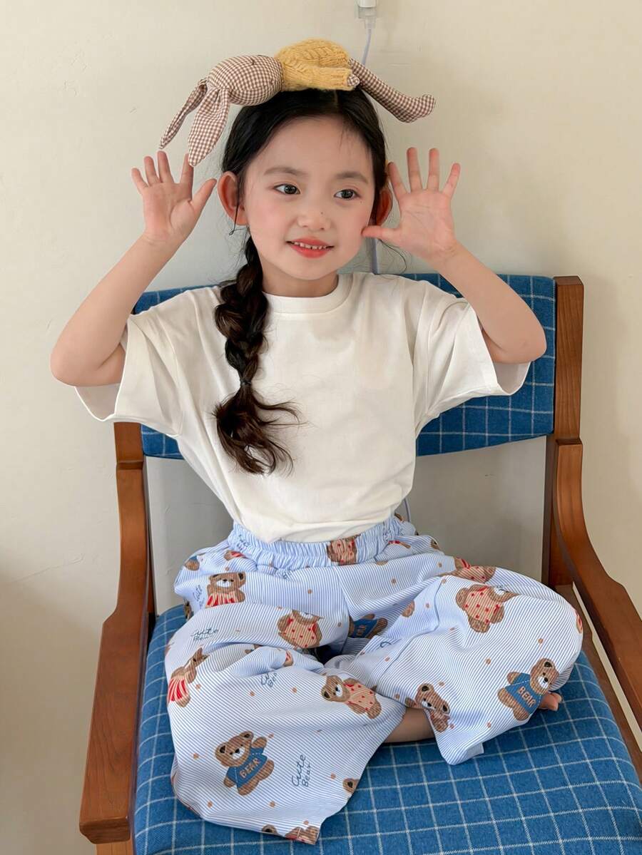 DAZY 2件套女童圆领针织长袖T恤+长裤家居服套装,秋季款 - 白色 - 查看 1