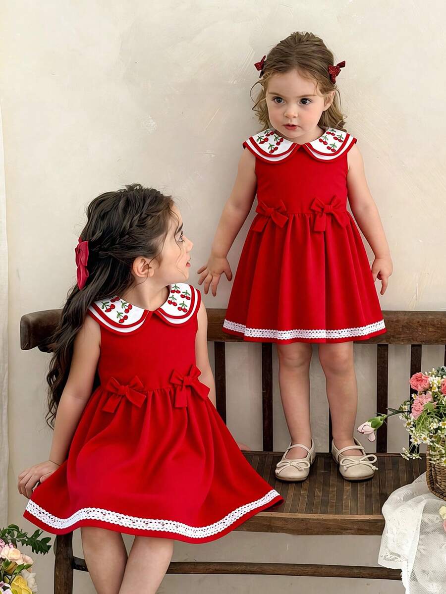 少女红色双层彼得潘领无袖束腰蝴蝶结樱桃印花连衣裙，时尚夏季海滩度假风 - 紅色 - 查看 1