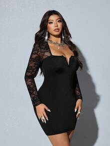 Viva Relle 大码女装春夏性感半透明蕾丝拼接V领收腰长袖连衣裙，休闲/工作两相宜，优雅派对礼服，时尚女装 - 黑色 - 查看 5
