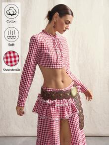 SHEIN ICON Áo sơ mi nữ tay dài dáng ngắn kẻ caro thắt nơ phía trước, kiểu dáng thời trang. - Đỏ - Xem 6