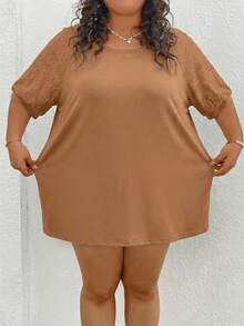 SHEIN CURVE+ Plus Size Women Top With Different Material Splicing,White T-Shirt - Khaki - View 5