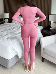 DAZY 2pcs/Set Women Solid Color Comfortable Knit Scoop Neck Fitted Base Layer Top And Pants Loungewear Set - Pink - View 2