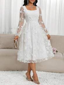 SHEIN Lady Women's Elegant Contrast Mesh Applique Square Collar Long Sleeve Dress, Autumn - White - View 5