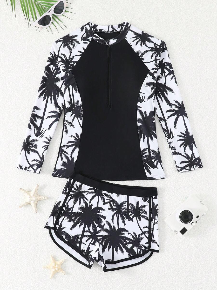 SHEIN 少女比基尼泳衣,黑色热带花卉针织面料长袖短裤两件套,时尚休闲优雅,适合游泳、夏季度假、海滩、泳池、假日派对等场合。少女沙滩泳装,长袖泳衣,泳裤,棕榈树印花泳衣,防晒泳衣,青少年泳装,青少年泳衣,全包覆式两件套,少女两件套。 - 黑與白 - 查看 1