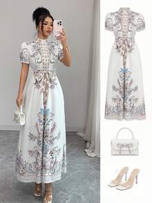 Selianne Vestido de mujer estilo palacio, vestido largo con estampado y cintura anudada con mangas francesas abullonadas, vestido elegante para mujer - Blanco - Ver 8