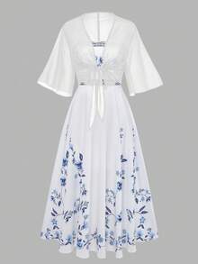 SHEIN Franclia 大码女式碎花雪纺连衣裙和外套两件套，优雅夏季套装 - 藍白色 - 查看 3